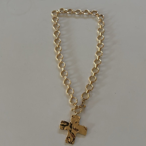 Gold Boho Chunky Hammered Cross Pendant Necklace - Picture 4 of 8